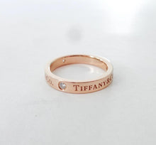 Load image into Gallery viewer, Authentic Tiffany T&CO Gold Diamond Ring 18K Triple Diamonds Rose Gold 3mm Band Ring Size 5.5