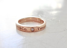 Load image into Gallery viewer, Authentic Tiffany T&CO Gold Diamond Ring 18K Triple Diamonds Rose Gold 3mm Band Ring Size 5.5