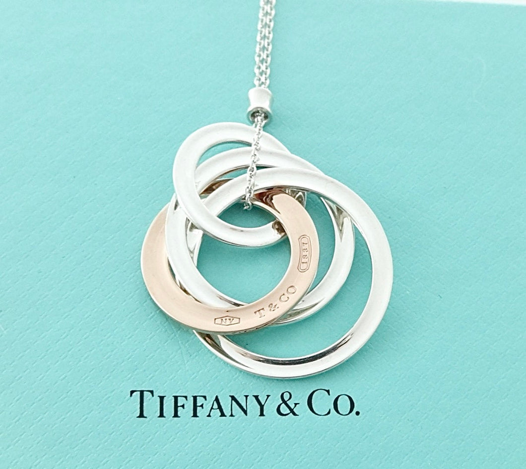 Authentic Tiffany & Co. 1837 Interlocking Circles Necklace Pendant Sterling Silver Rubedo Four Rings Necklace Size Large