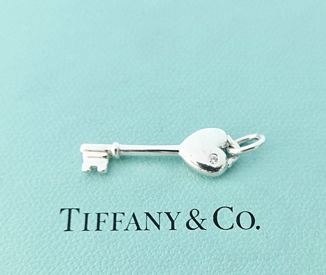 Authentic Tiffany & Co. Heart Key Diamond Sterling Silver Key Pendant Charm Necklace