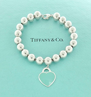Authentic Return to Tiffany Heart Tag Bracelet Blue Enamel 8mm Bead Ball Sterling Silver Bracelet 7 Inches