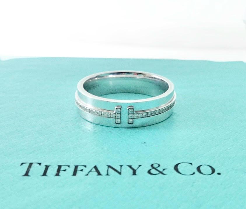 Authentic Tiffany T Wide Diamond Ring White Gold Round Diamonds Tiffany & Co. 18K Ring Size 9