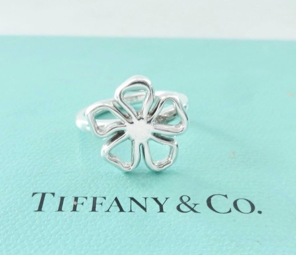 Authentic Tiffany & Co. Flower Ring Sterling Silver Open Stencil Hibiscus Flower Band Ring Size 6