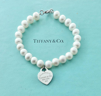 Authentic Return to Tiffany Heart Tag Pearl Bracelet Sterling Silver 8mm Freshwater Pearl Bracelet 7 Inches