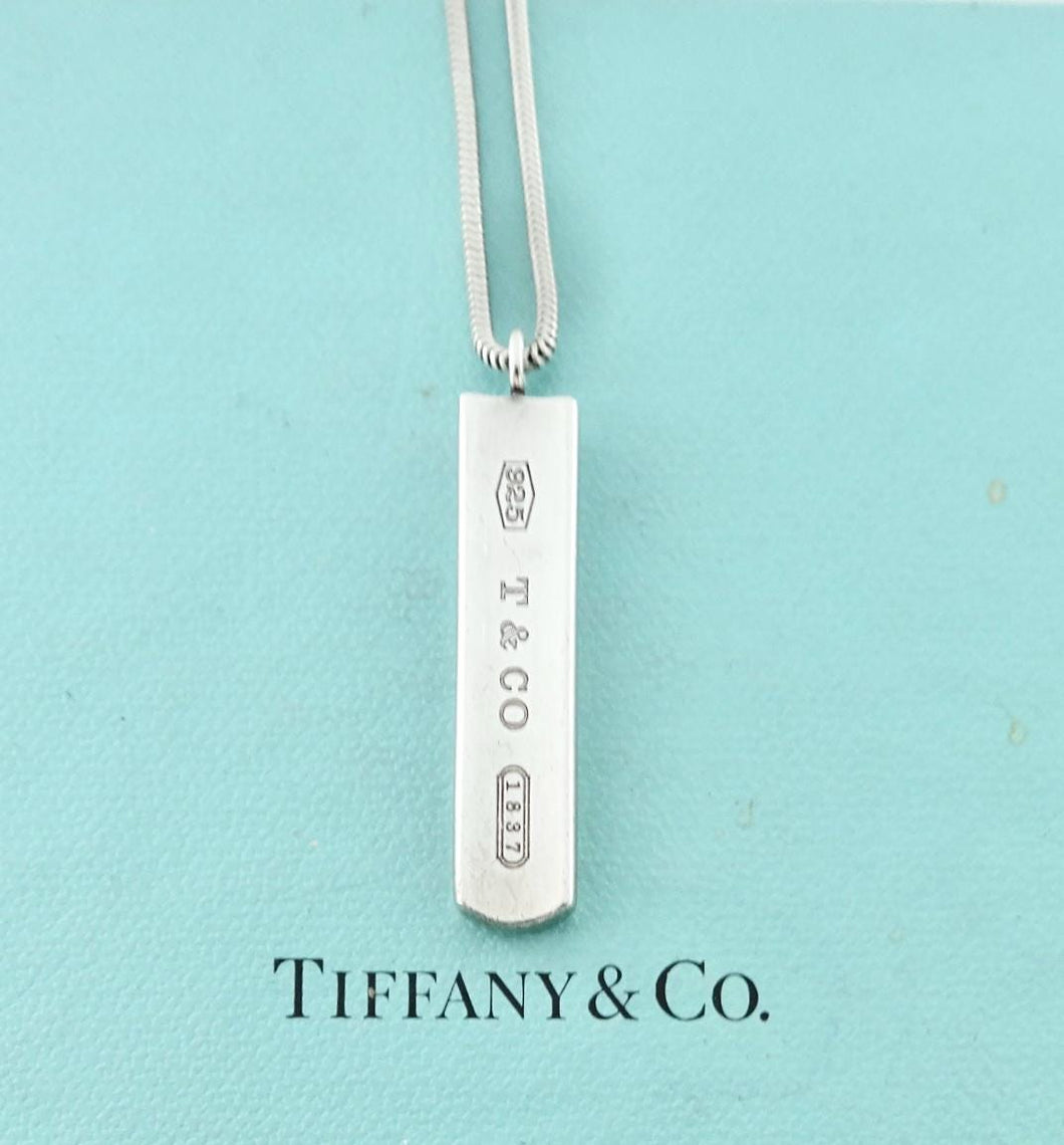 Authentic Tiffany & Co. 1837 Necklace Sterling Silver Bar Pendant Snake Chain Necklace