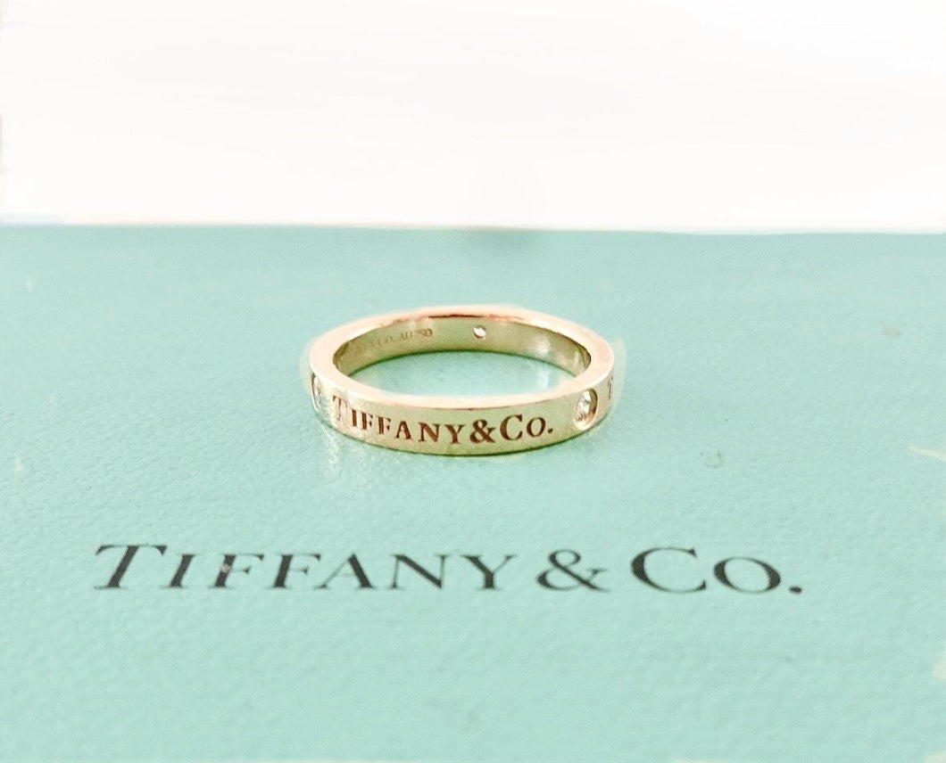 Authentic Tiffany T&CO Gold Diamond Ring 18K Triple Diamonds Rose Gold 3mm Band Ring Size 5.5