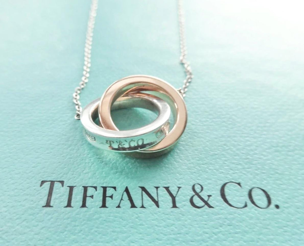 Authentic Tiffany & Co. 1837 Interlocking Circles Necklace Pendant Sterling Silver Rubedo Necklace Small