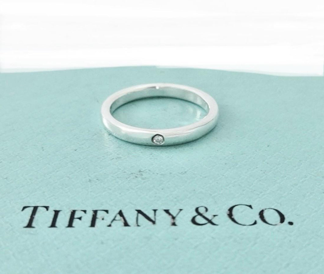 Authentic Tiffany & Co. Elsa Peretti Diamond Ring Sterling Silver Solitaire Round-Cut Diamond Stackable Band Ring Size 6