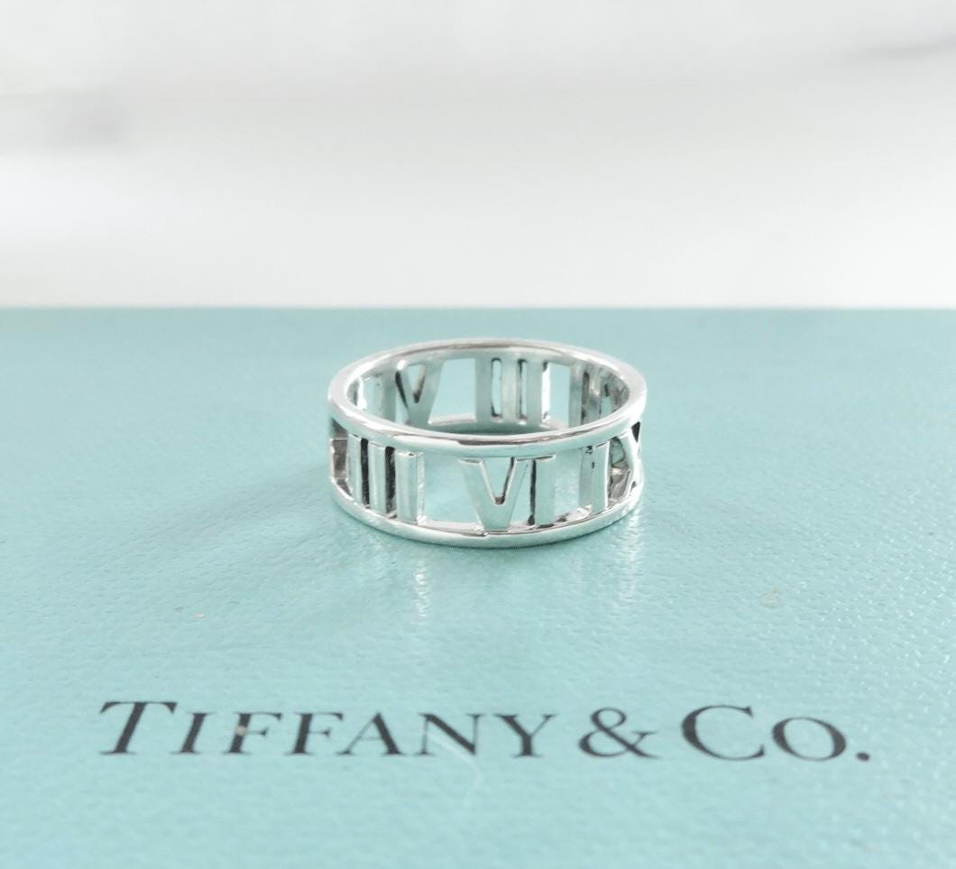 Authentic Tiffany & Co. Atlas Pierced Ring, Roman Numerals Sterling Silver Ring Size 6