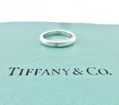 Authentic Tiffany & Co. Elsa Peretti Diamond Ring Sterling Silver Solitaire Round-Cut Diamond Stackable Band Ring Size 3.5