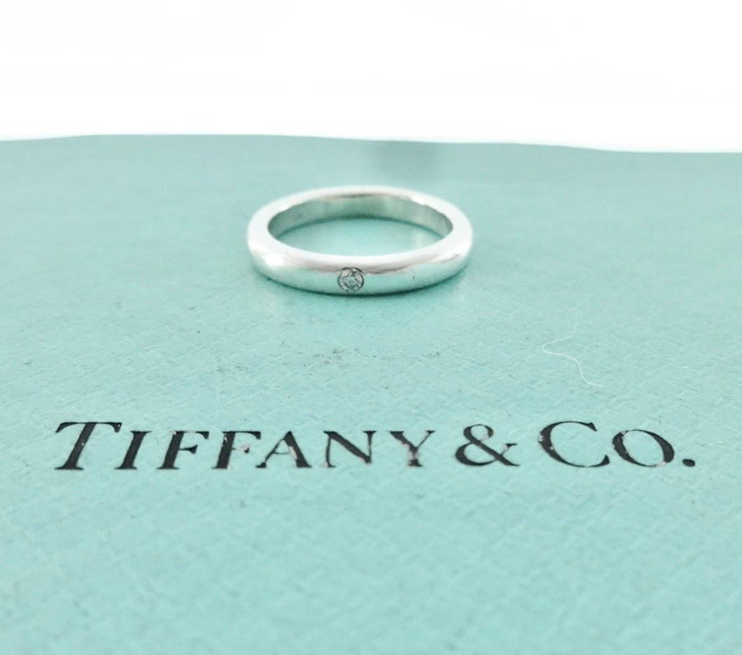 Authentic Tiffany & Co. Elsa Peretti Diamond Ring Sterling Silver Solitaire Round-Cut Diamond Stackable Band Ring Size 3.5