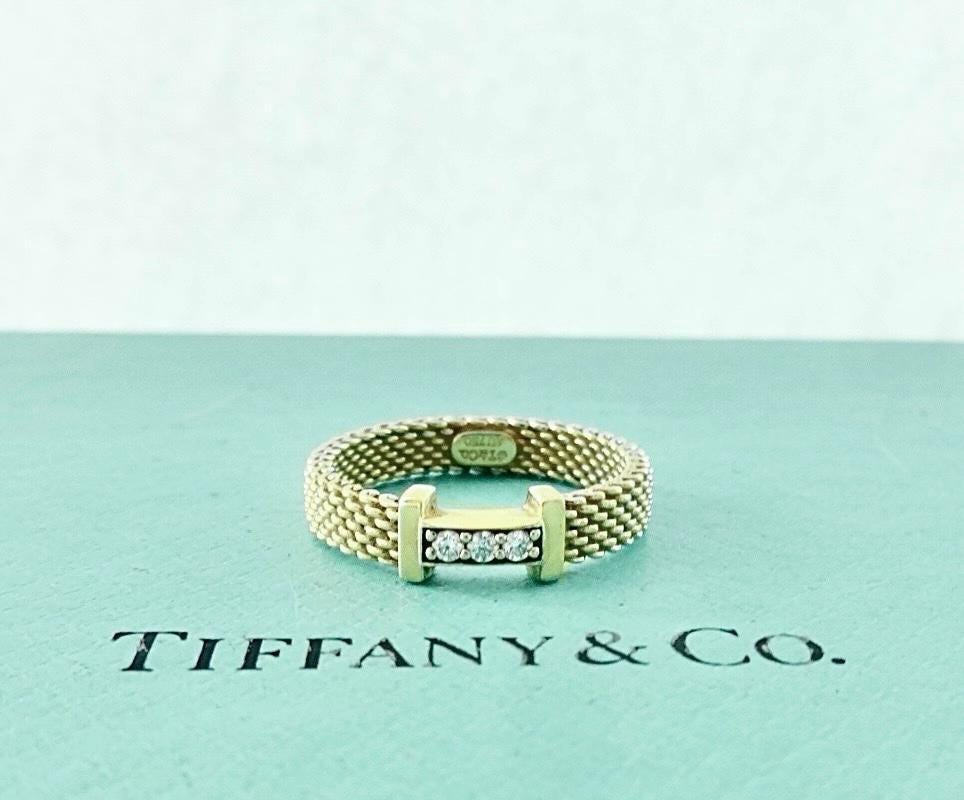 Authentic Tiffany & Co. Somerset Diamond Mesh Ring Yellow Gold Three 3 Diamonds Band Ring Size 7
