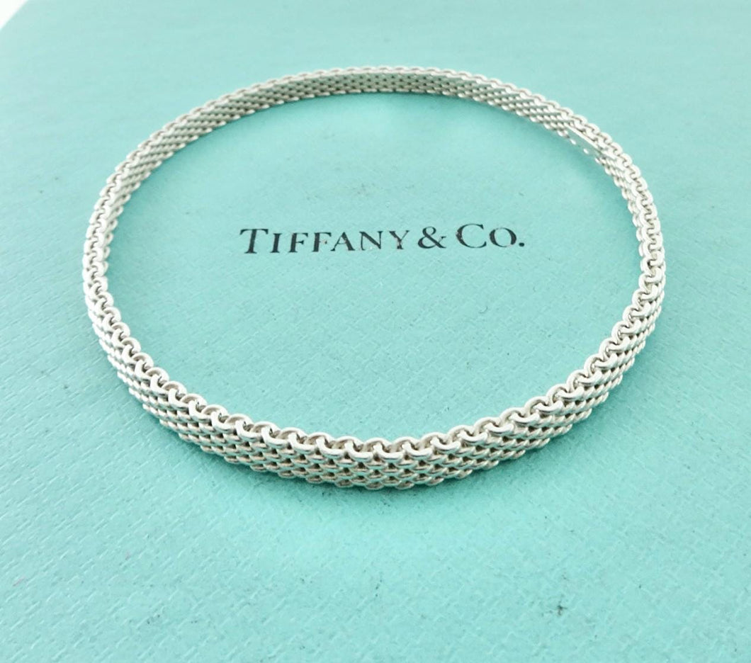 Authentic Tiffany & Co. Somerset Mesh Bangle Bracelet Sterling Silver Rigid Narrow Size Medium