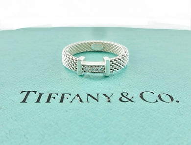 Authentic Tiffany & Co. Somerset Diamond Mesh Ring Sterling Silver Three 3 Diamonds Band Ring Size 5.5
