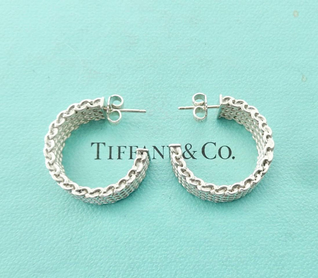 Authentic Tiffany & Co. Somerset Mesh Earrings Sterling Silver Wide Hoop Size Medium Pierced Earrings
