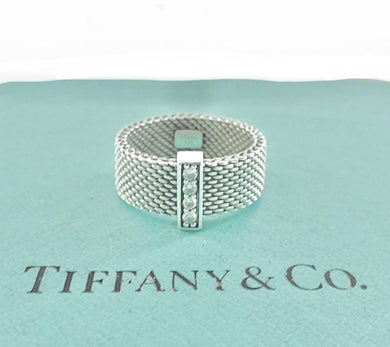 Authentic Tiffany & Co. Somerset Mesh Diamond Ring Sterling Silver Four Diamonds Band Ring Size 5