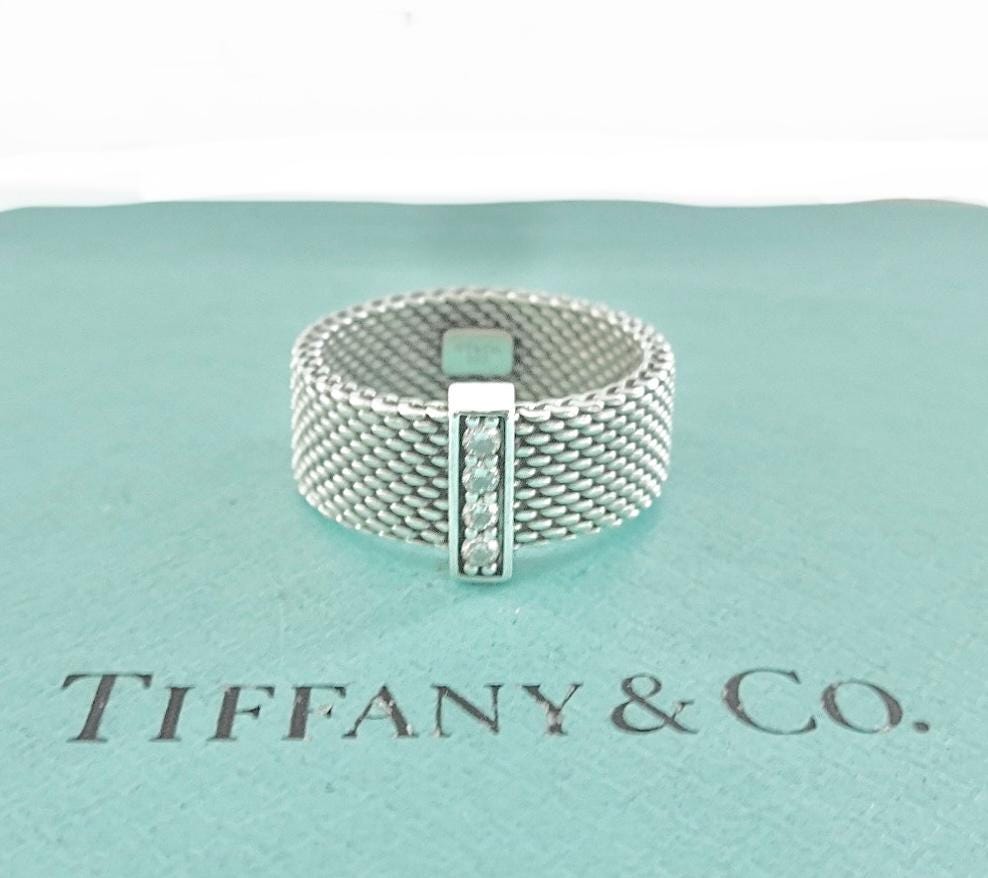 Authentic Tiffany & Co. Somerset Mesh Diamond Ring Sterling Silver Four Diamonds Band Ring Size 5