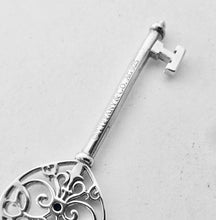 Load image into Gallery viewer, Authentic Tiffany &amp; Co Enchant Heart Key Charm Blue Sapphire Sterling Silver Scroll Pendant Necklace
