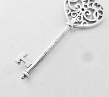 Load image into Gallery viewer, Authentic Tiffany &amp; Co Enchant Heart Key Charm Blue Sapphire Sterling Silver Scroll Pendant Necklace
