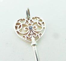 Load image into Gallery viewer, Authentic Tiffany &amp; Co Enchant Heart Key Charm Blue Sapphire Sterling Silver Scroll Pendant Necklace
