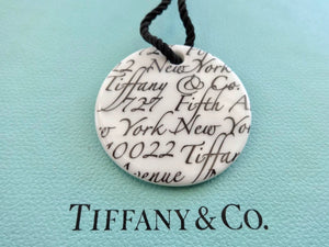 Authentic Tiffany & Co. Notes Necklace “Fifth Avenue” Address Round White Bone China Large Pendant Necklace