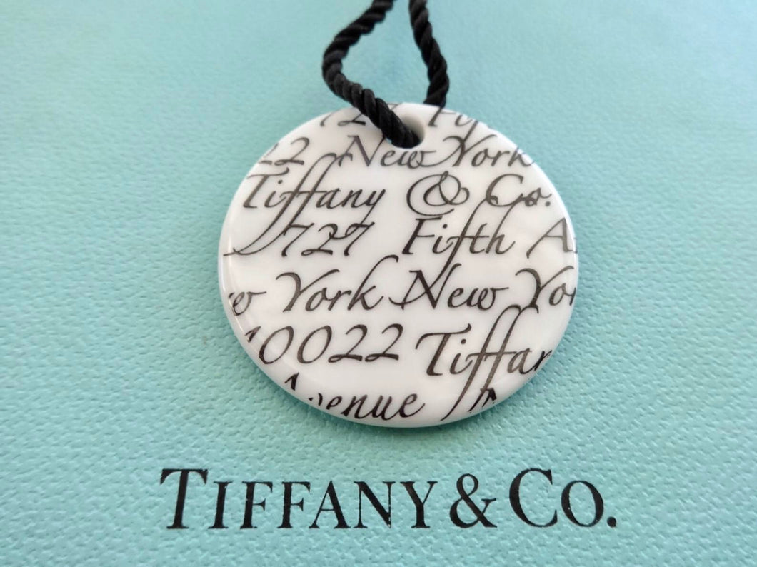 Authentic Tiffany & Co. Notes Necklace “Fifth Avenue” Address Round White Bone China Large Pendant Necklace