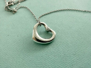 Authentic Tiffany & Co. Elsa Peretti Diamond Open Heart Necklace Sterling Silver Two Diamonds Pendant Necklace