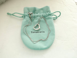 Authentic Tiffany & Co. Elsa Peretti Diamond Open Heart Necklace Sterling Silver Two Diamonds Pendant Necklace