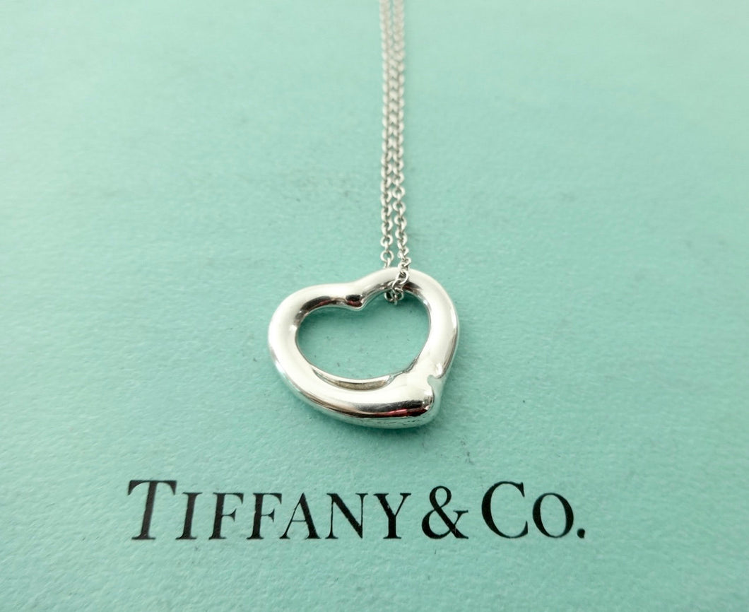 Authentic Tiffany & Co. Elsa Peretti Heart Necklace 16mm Open Heart Sterling Silver Pendant Necklace