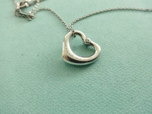 Authentic Tiffany & Co. Elsa Peretti Diamond Open Heart Necklace Sterling Silver Two Diamonds Pendant Necklace